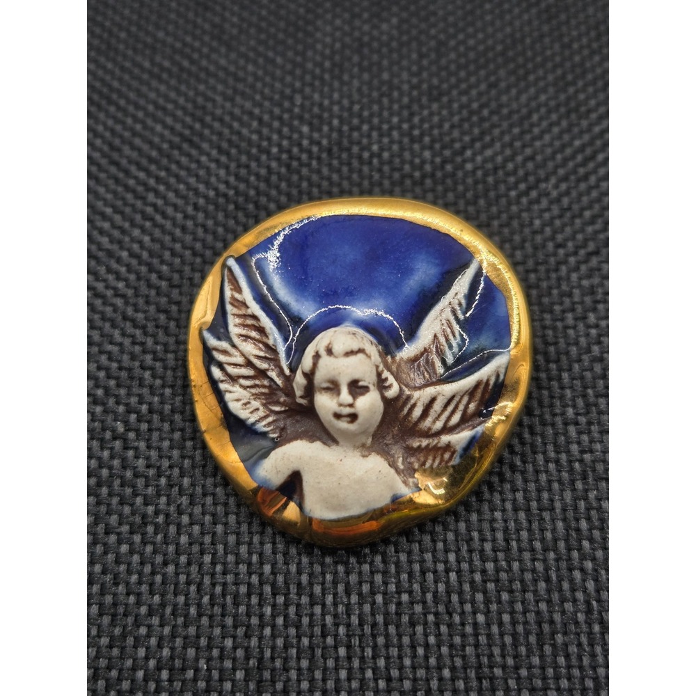 Biddy Andrews Ceramic Cherub Angel Brooch Pendant Cobalt Blue Gold Trim Signed